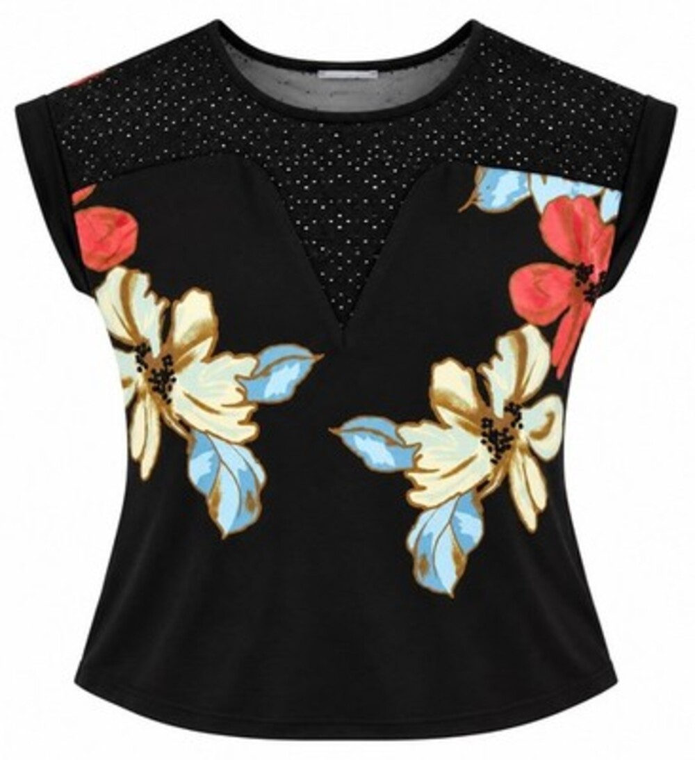 Joseph Ribkoff Floral Mesh Top 212091 Blouse Womens 12 Large L Black Dotted Art